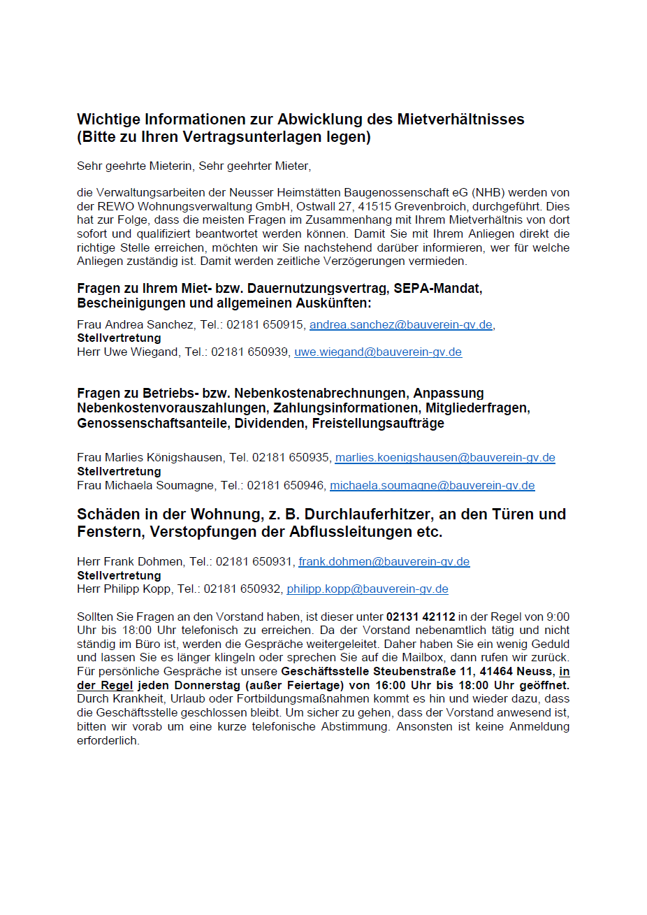 Wichtige Mieterinformationen